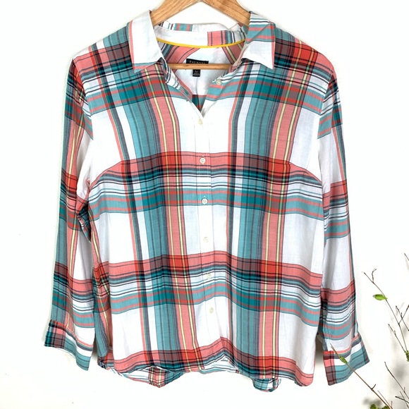 Talbots Tops - Talbots Turquoise Plaid Button Up Blouse Petite